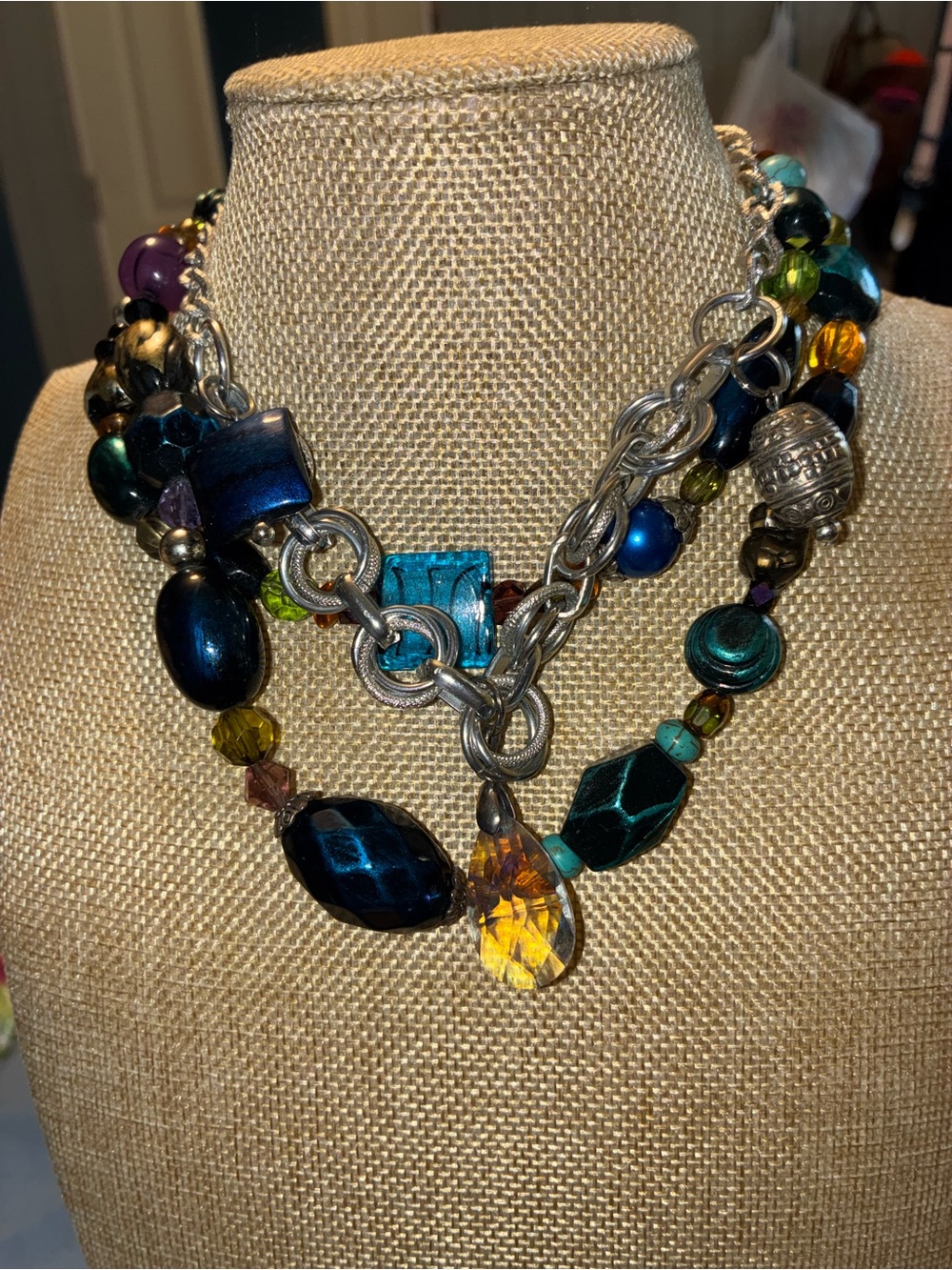 Multi-Color Beaded Statement Necklace - Turquoise, Blue & Amber